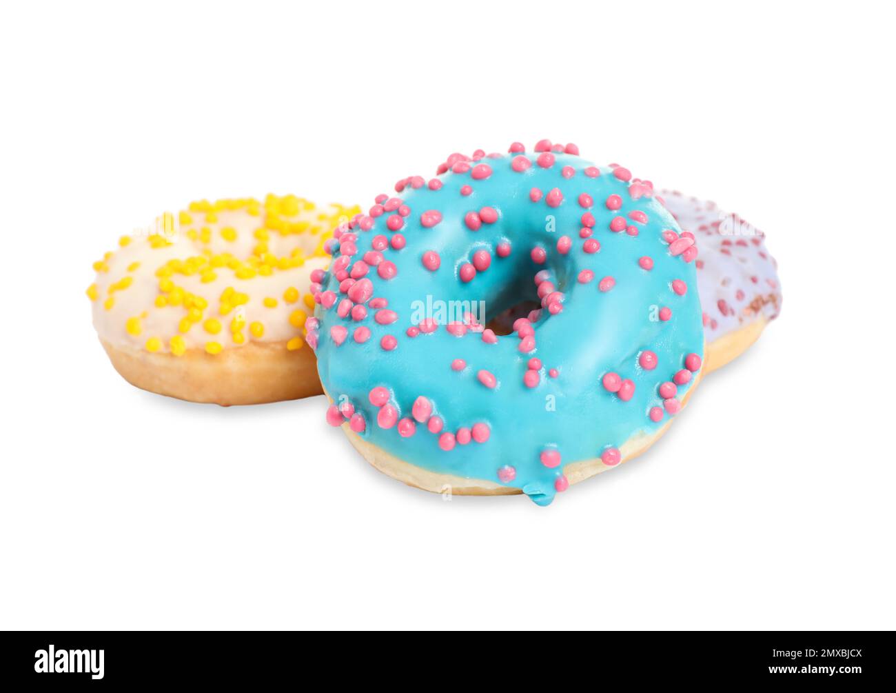 Sweet tasty glazed donuts on white background Stock Photo - Alamy
