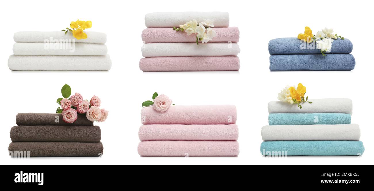 Set of folded soft terry towels on white background Stock Photo