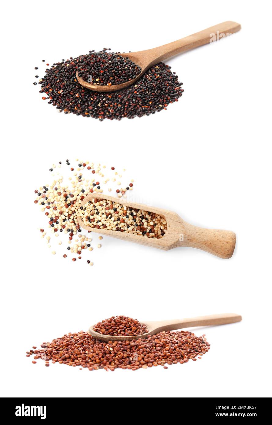 Set with different types of quinoa on white background Stock Photo Alamy