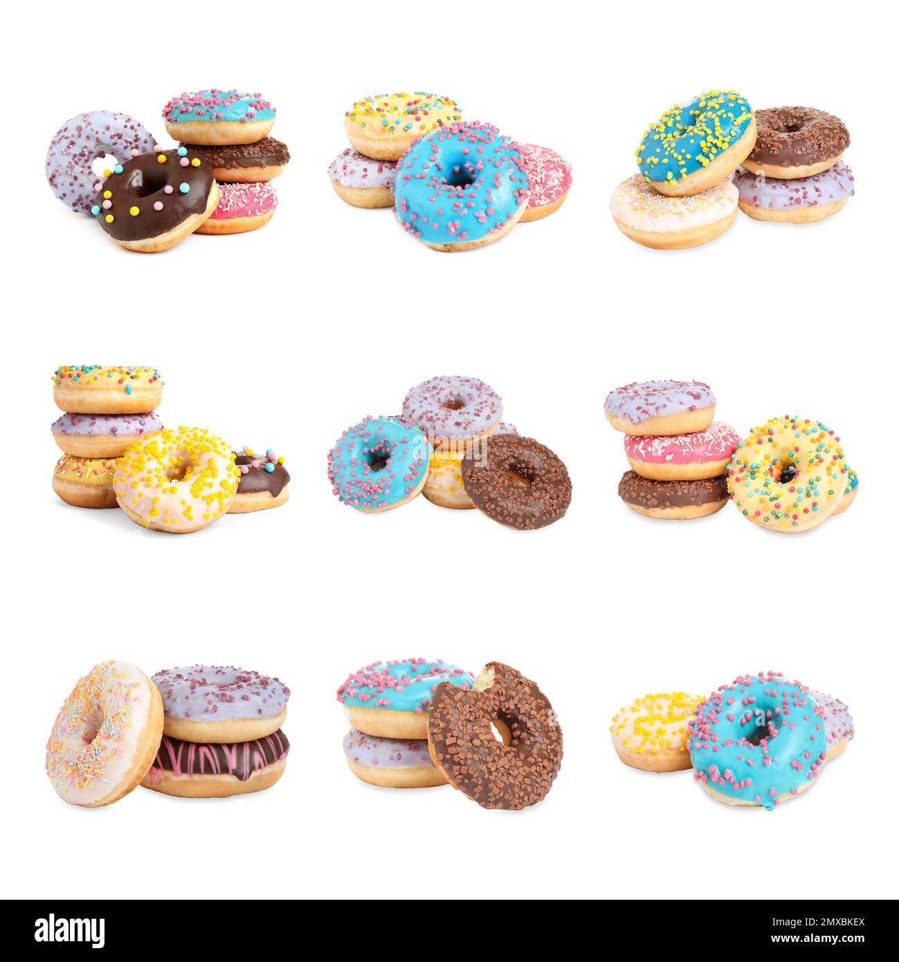 Set of different delicious donuts on white background Stock Photo - Alamy