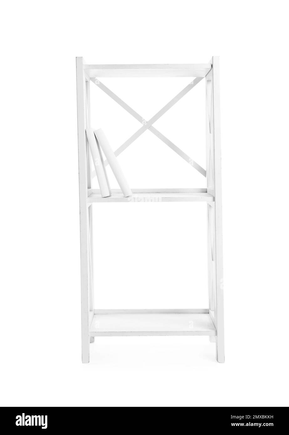Wooden shelving unit with books isolated on white Stock Photo