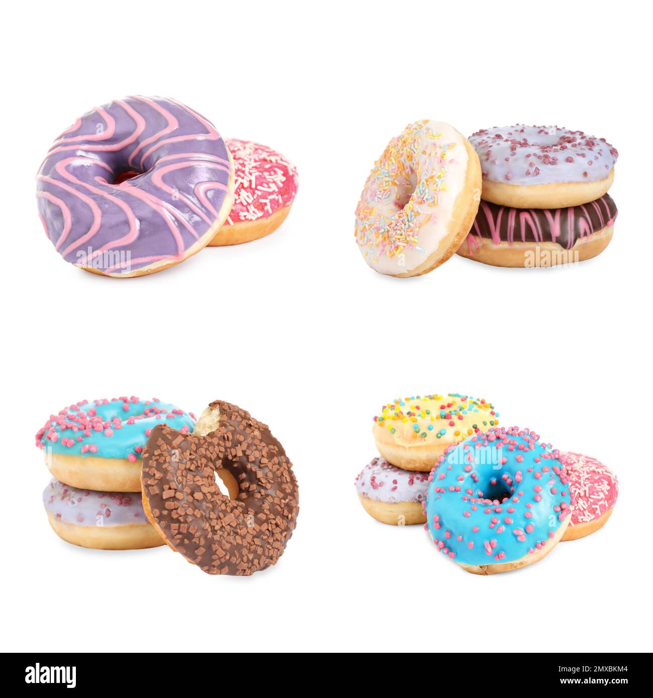Set of different delicious donuts on white background Stock Photo - Alamy