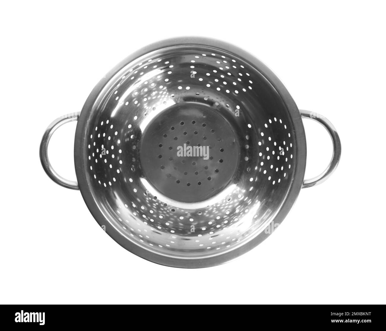 New shiny colander isolated on white, top view. Cooking utensil Stock