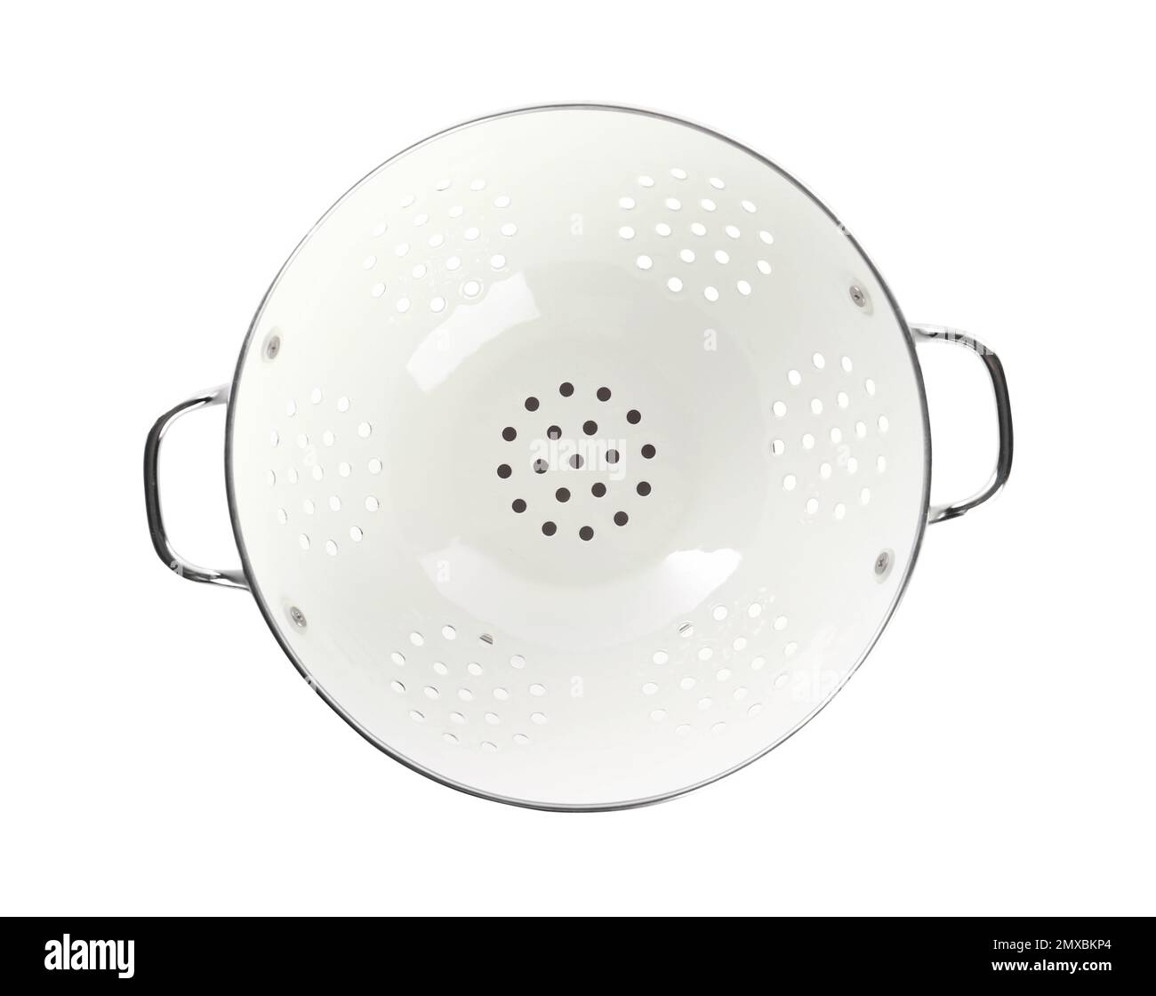 New colander isolated on white, top view. Cooking utensil Stock Photo ...