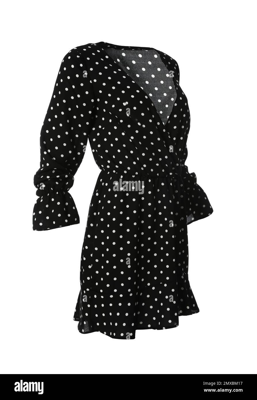 Black A Line V Neck Short White Polka Dots Dress main image 0