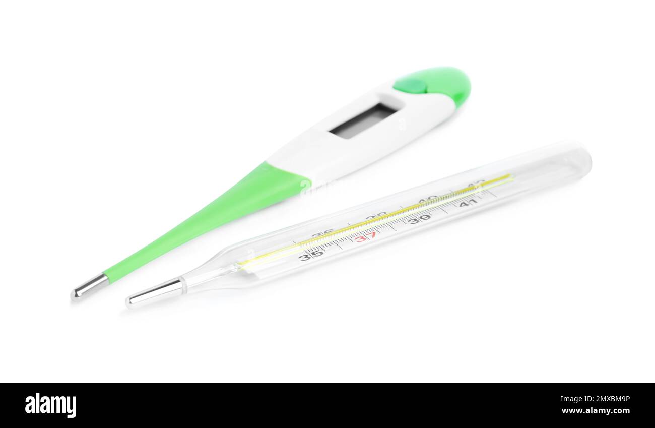 Digital and mercury thermometers on white background Stock Photo Alamy