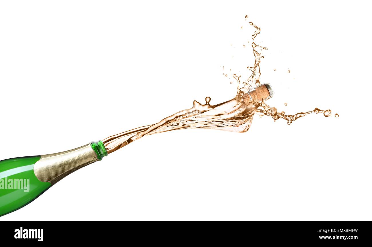 Champagne splashing out of bottle on white background Stock Photo