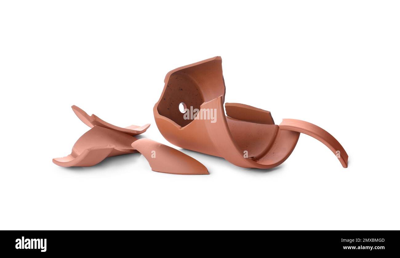 Broken terracotta flower pot isolated on white Stock Photo