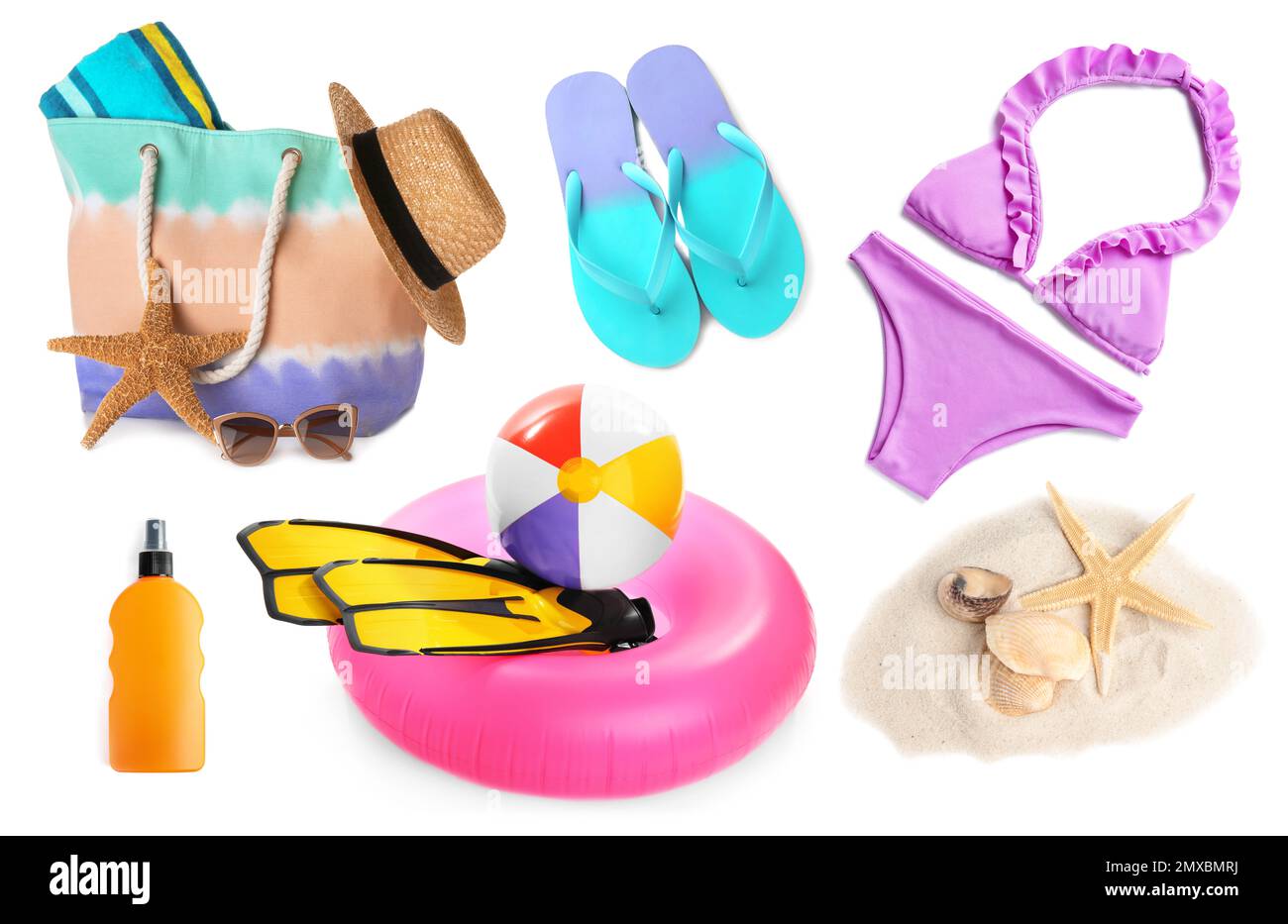 Set of different stylish beach objects on white background Stock Photo