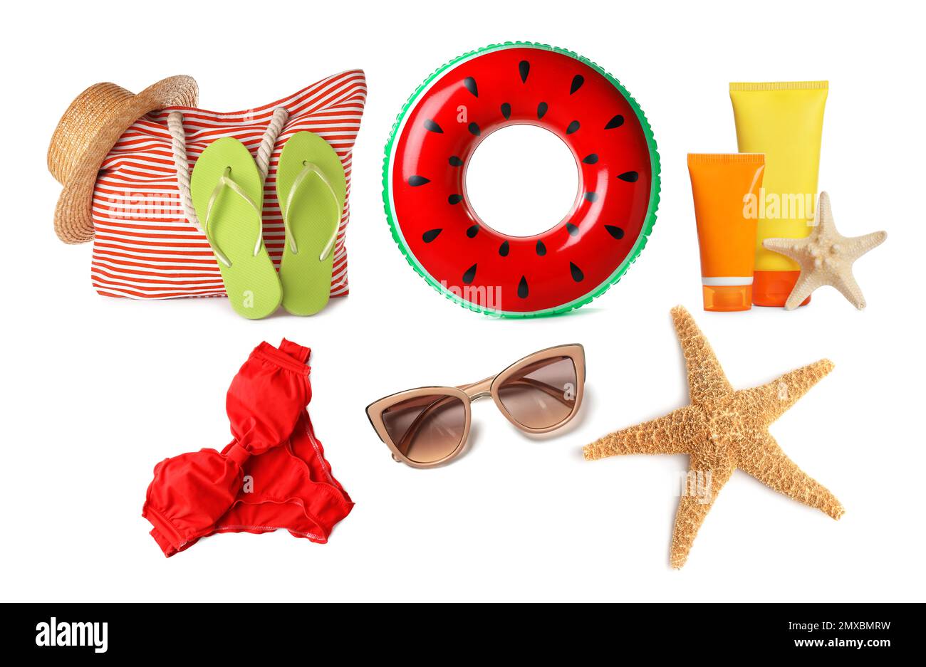 Set of different stylish beach objects on white background Stock Photo