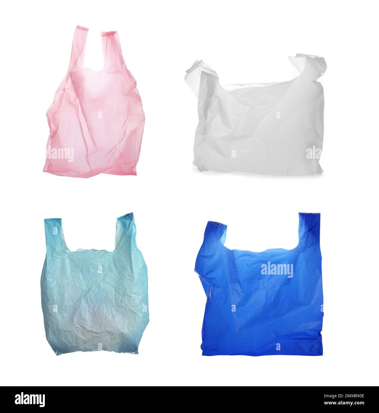 Set of disposable plastic bags on white background. Waste management