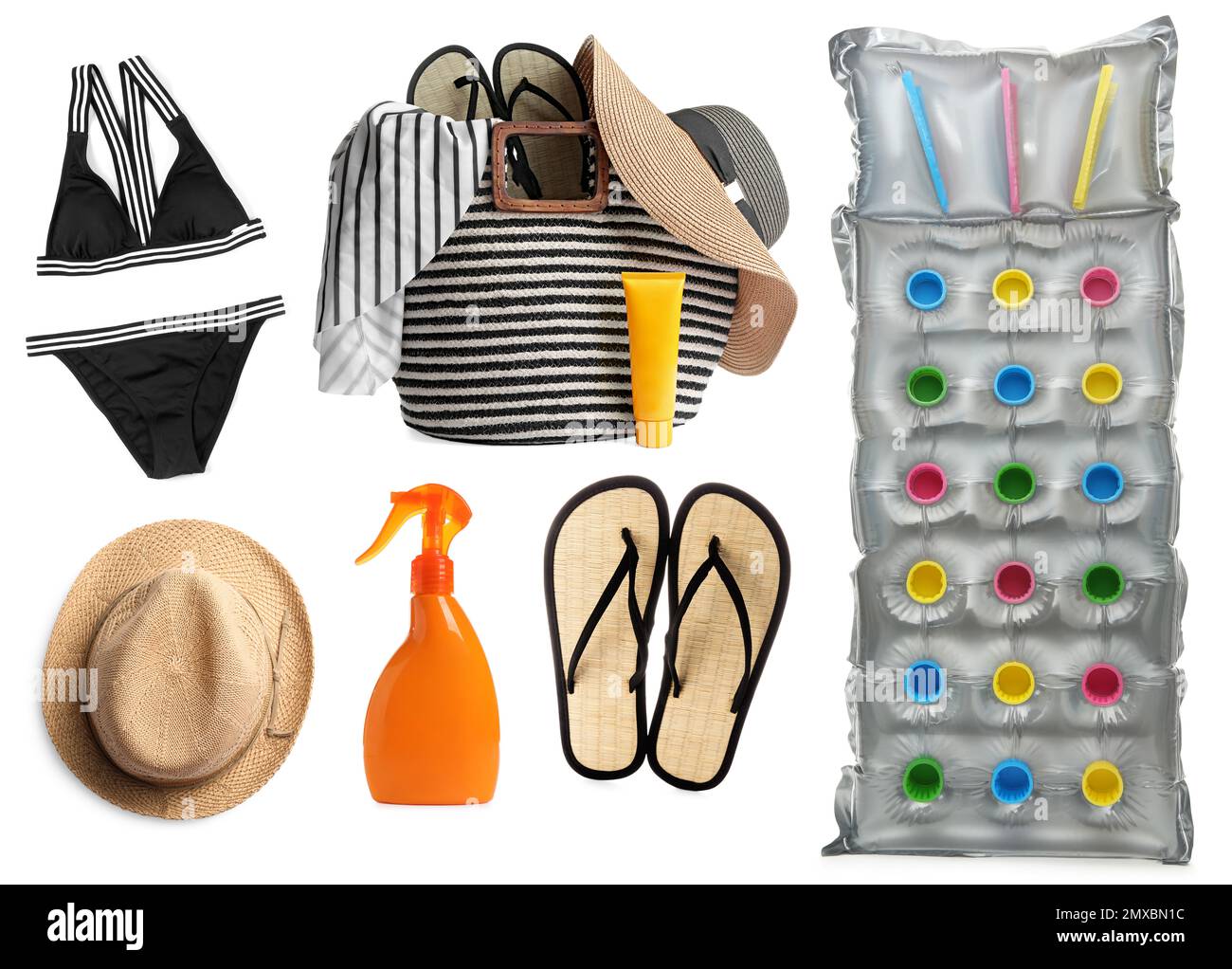 Set of different stylish beach objects on white background Stock Photo