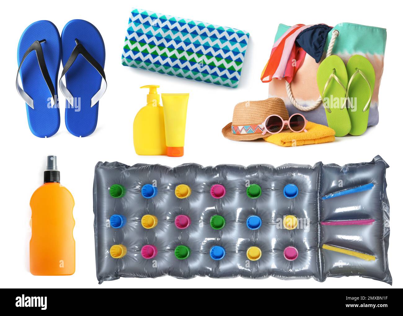 Set of different stylish beach objects on white background Stock Photo