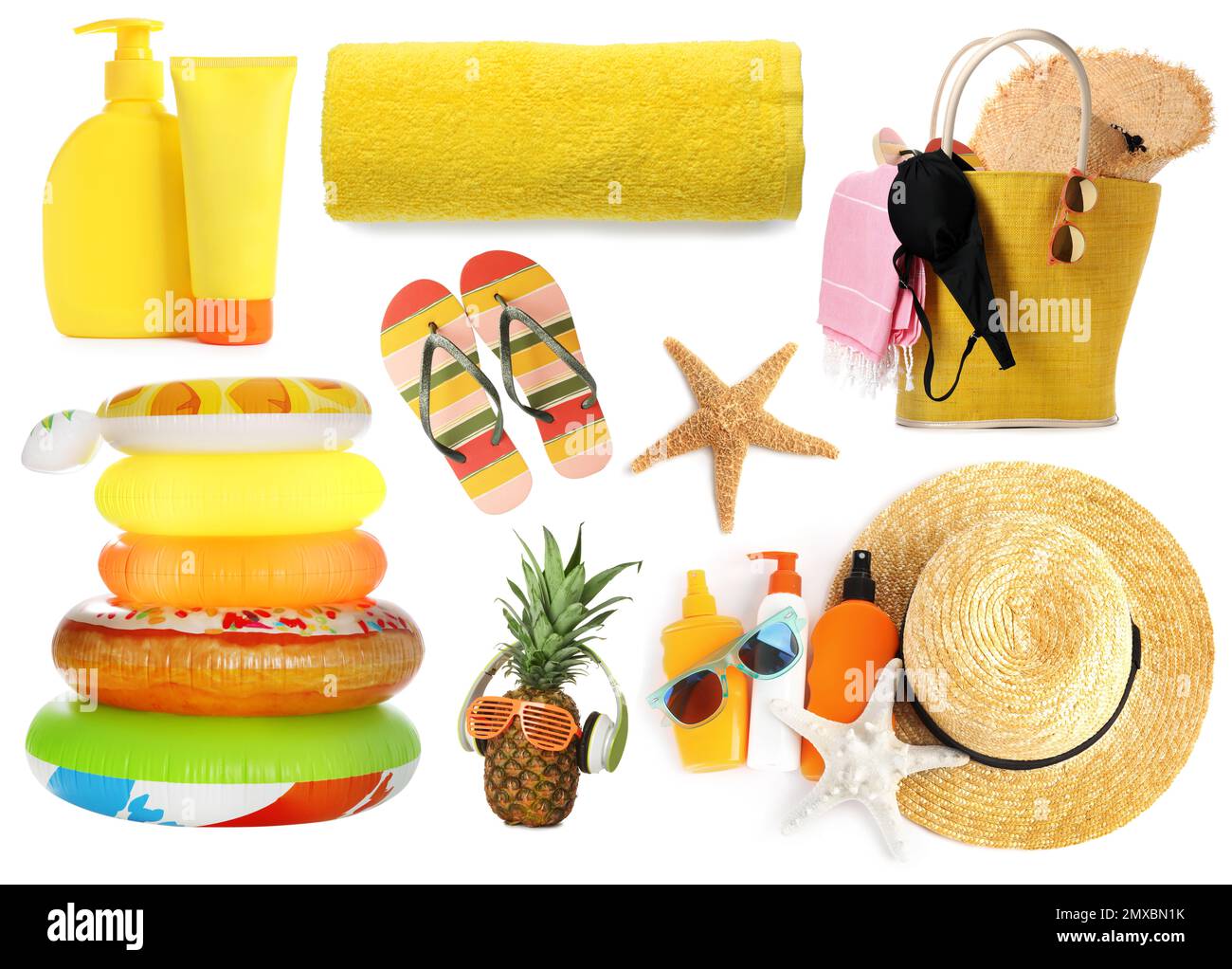 Set of different stylish beach objects on white background Stock Photo