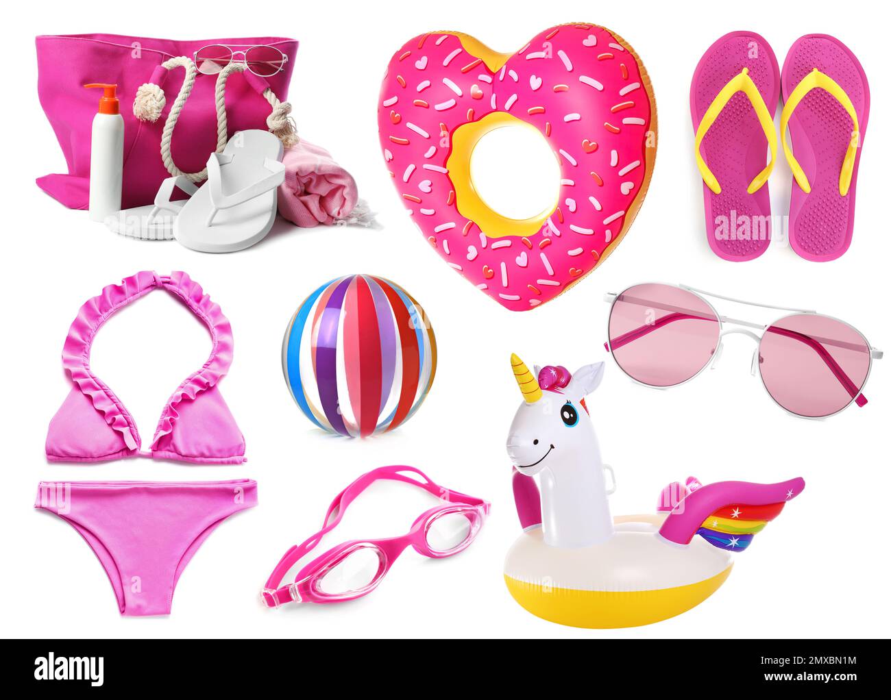 Set of different stylish beach objects on white background Stock Photo