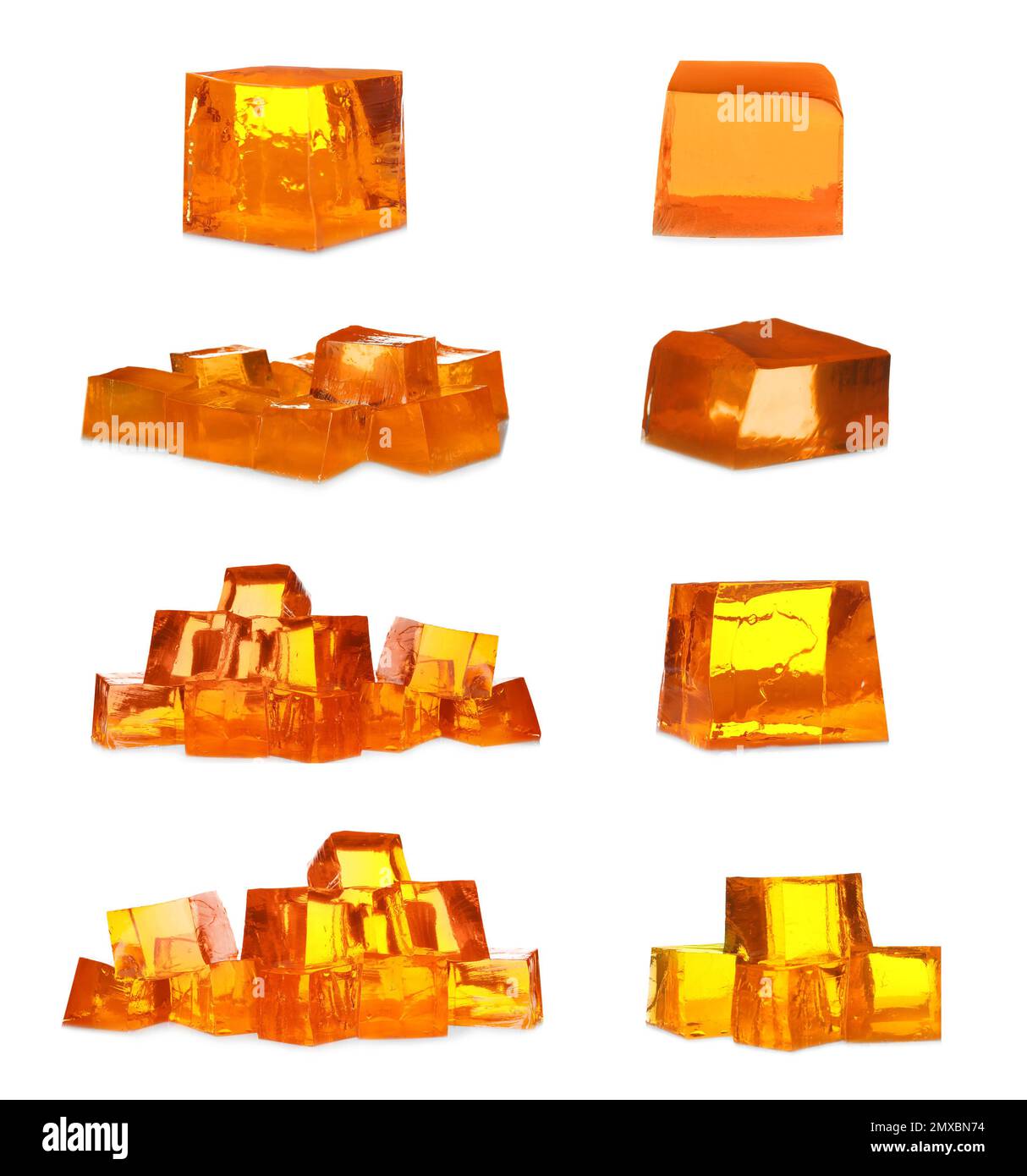 Set of delicious orange jelly cubes on white background Stock Photo Alamy