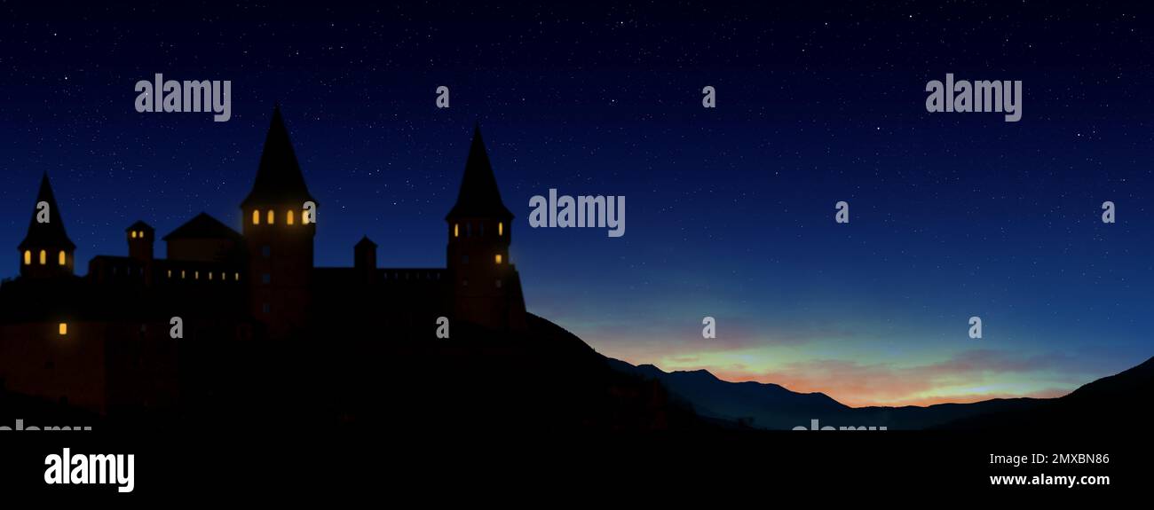 Fairy tale world. Magnificent castle under starry sky at night, banner ...