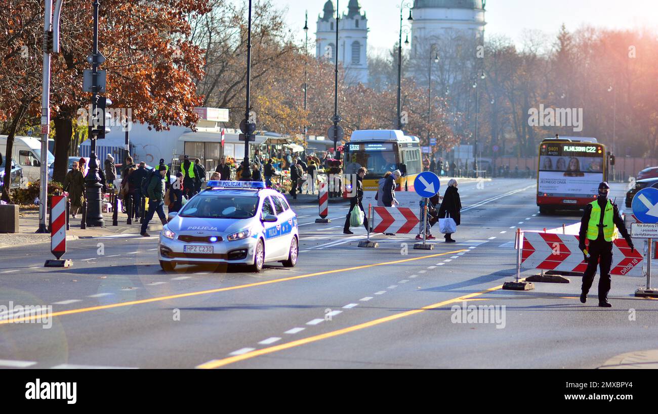 1 November 2021. Warsaw, Poland. Police from the road traffic department directs the traffic in the vicinity of the cemetery. Stock Photo