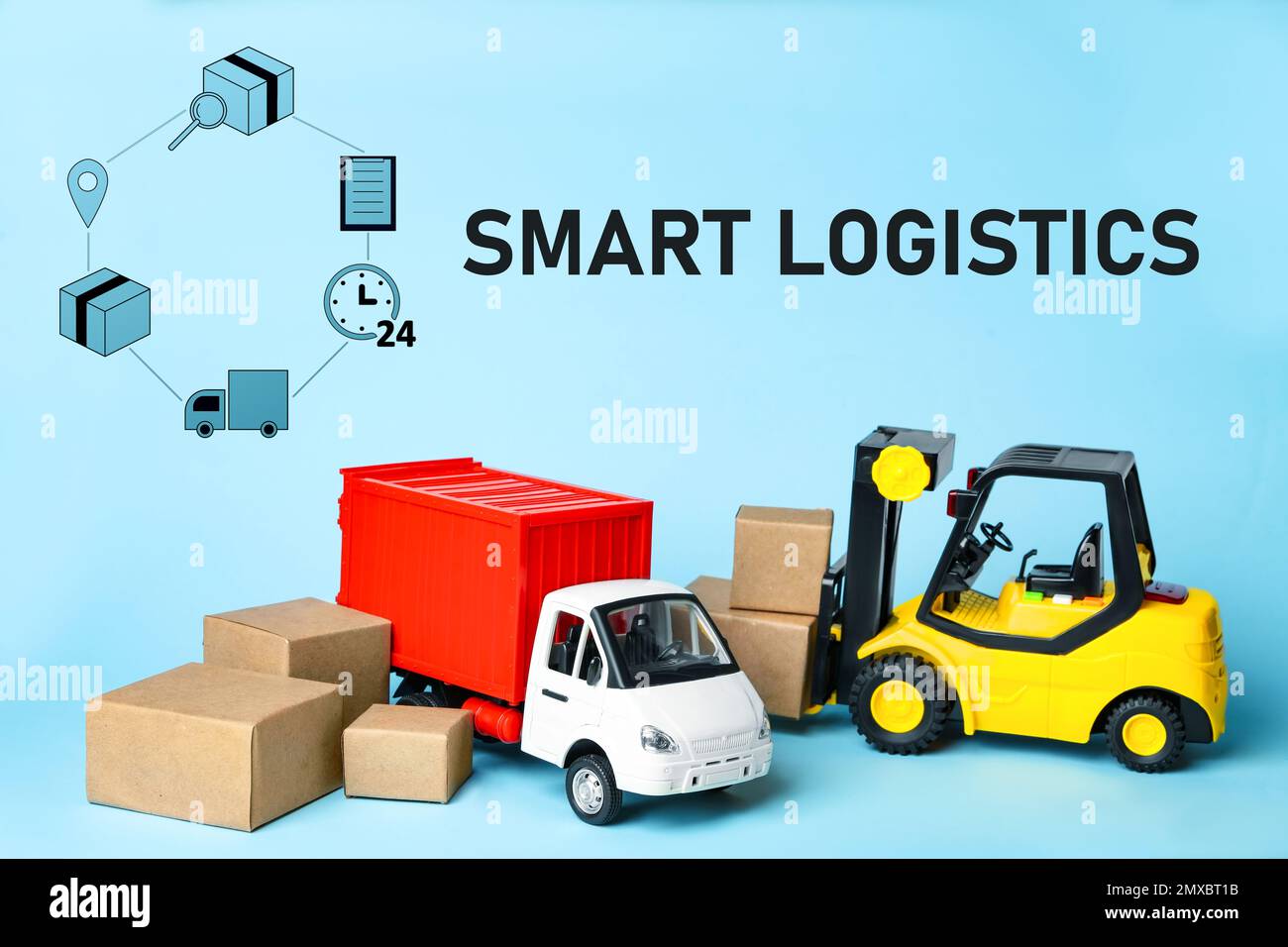 Smart logistics concept. Truck near forklift and icons on light blue ...