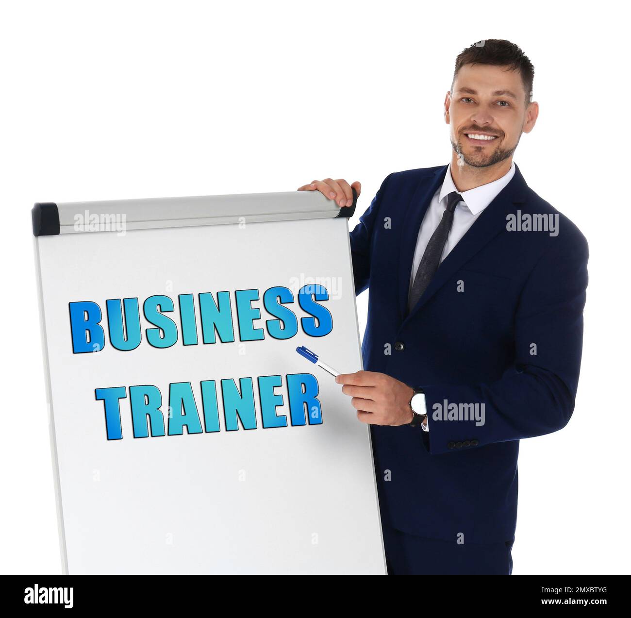 Professional business trainer near flip chart board on white background Stock Photo