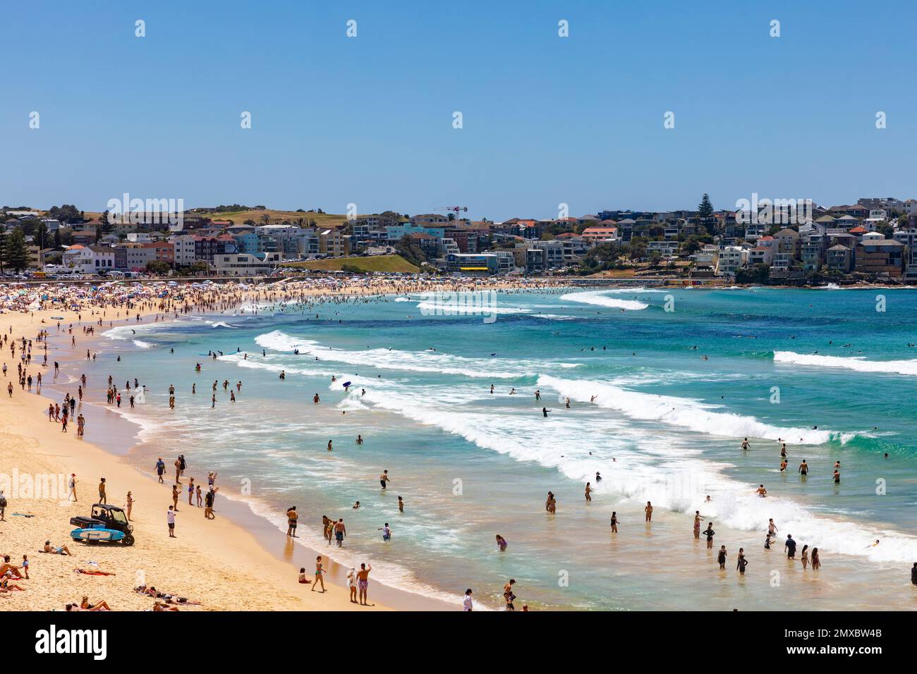 Bondi beach Sydney Australia, crowded bondi beach in summer 2023, beachgoers sunbathe and swim,Sydney,NSW,Australia Stock Photo