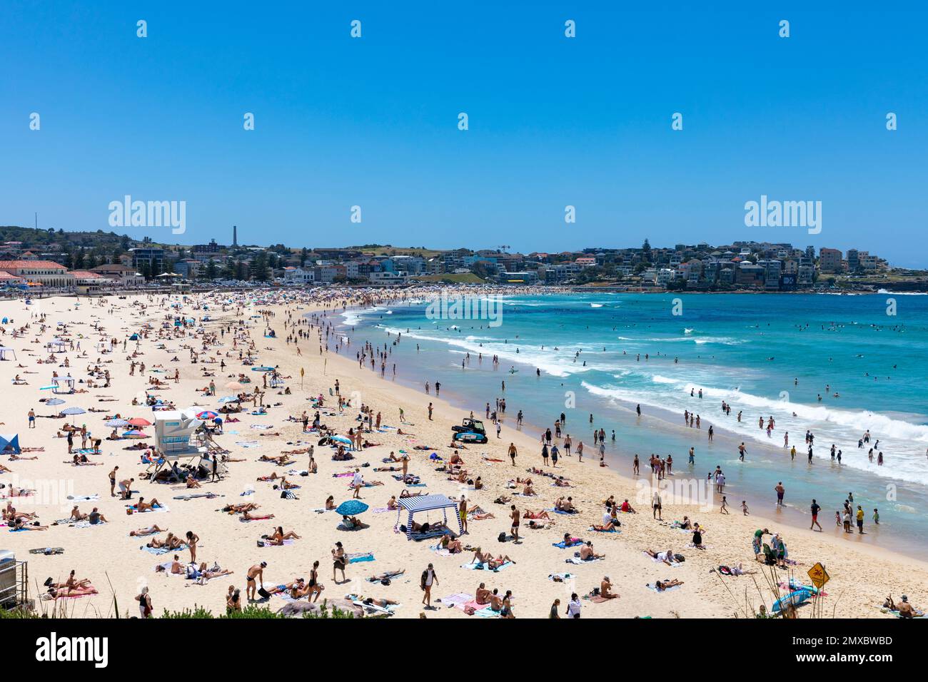 Bondi beach Sydney Australia, crowded bondi beach in summer 2023