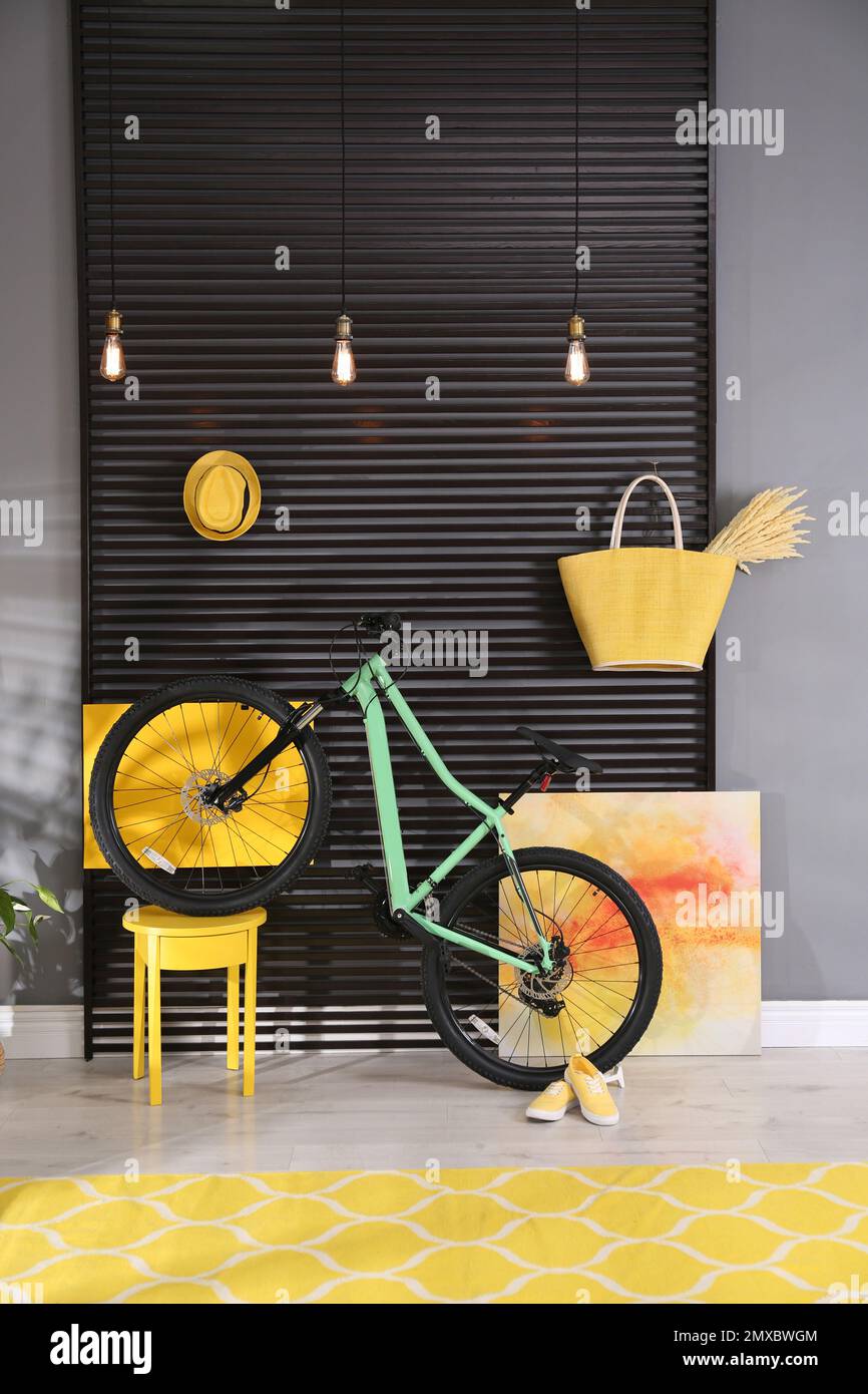 Modern bicycle in stylish living room interior Stock Photo - Alamy