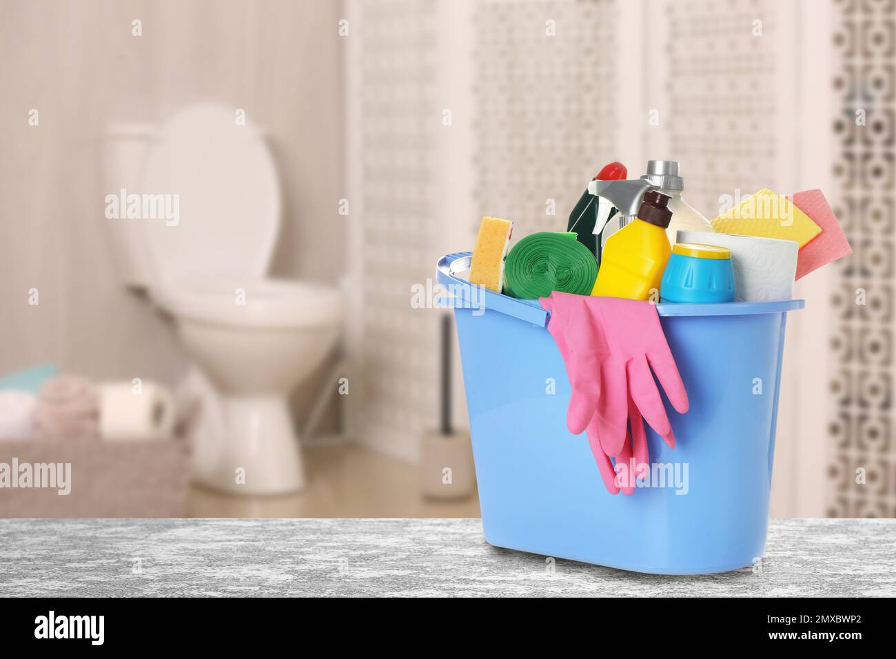 Cleaning Supplies Toilet Bowl Bathroom Space Text Stock Photo by