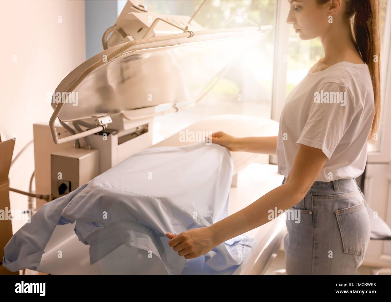 Woman using modern ironing press in drycleaning Stock Photo Alamy