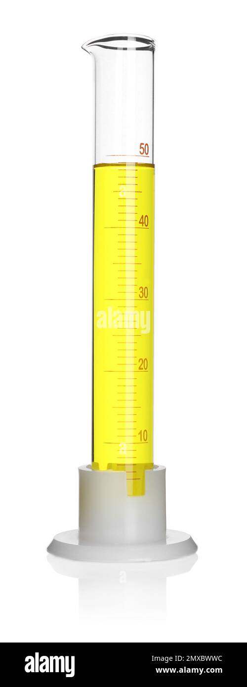 Glass measuring cylinder with yellow sample isolated on white Stock