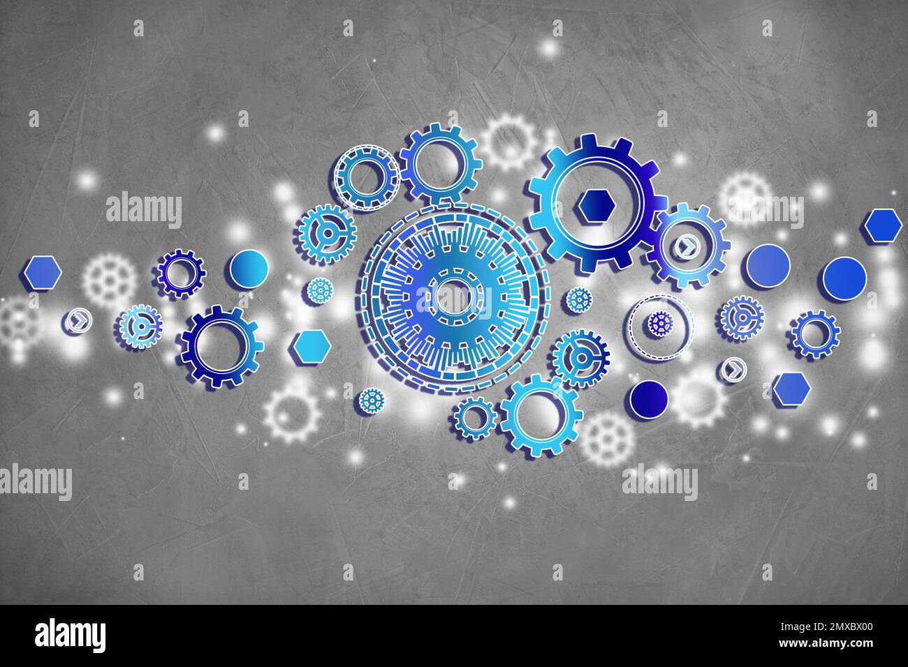Illustration of gear mechanism on grey background Stock Photo - Alamy
