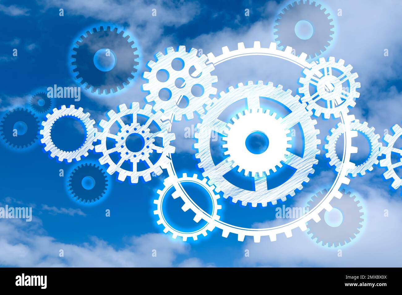 Illustration of gear mechanism and blue sky on background Stock Photo ...