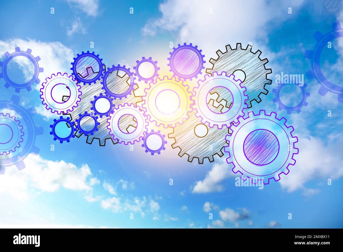 Illustration of gear mechanism and blue sky on background Stock Photo ...