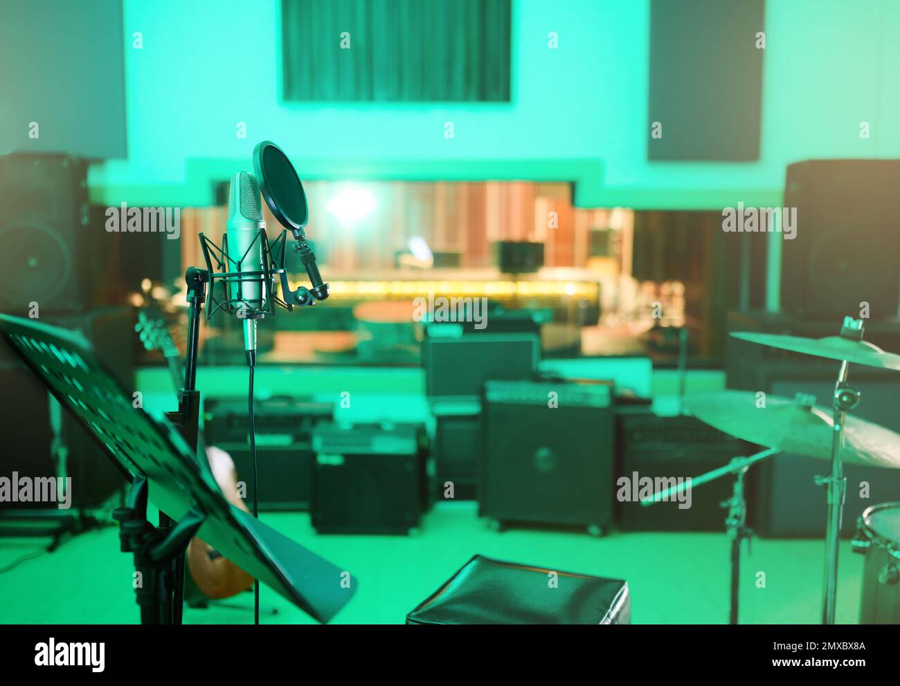 Music, recording studio and interior with instruments for creative