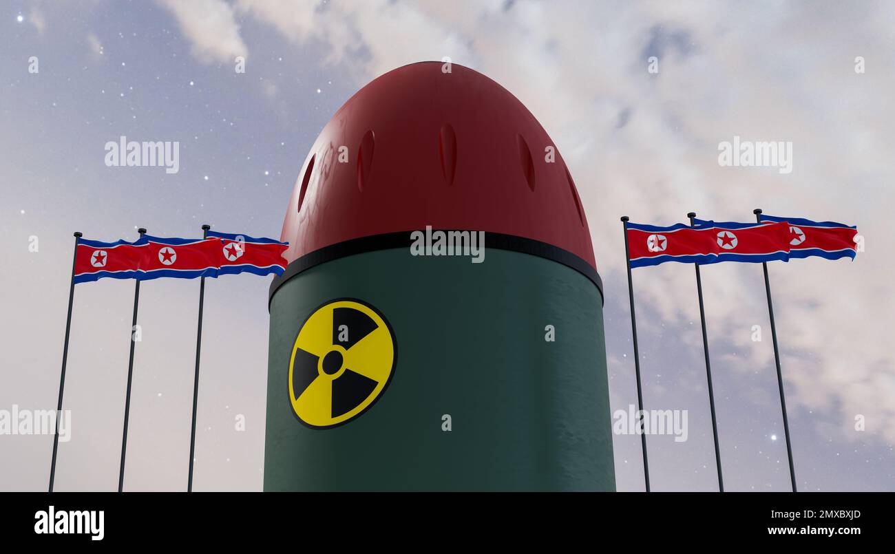 Nuclear missiles and North Korea flag in background. Missiles with warheads are ready to be launched. missile defense. Nuclear, chemical weapons. radi Stock Photo