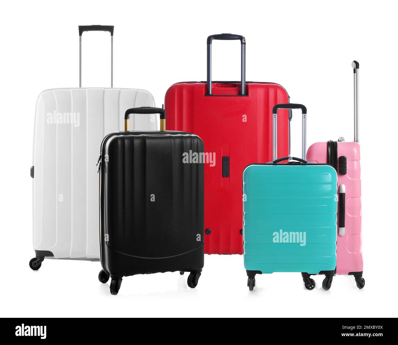 Set of different stylish suitcases for travelling on white background