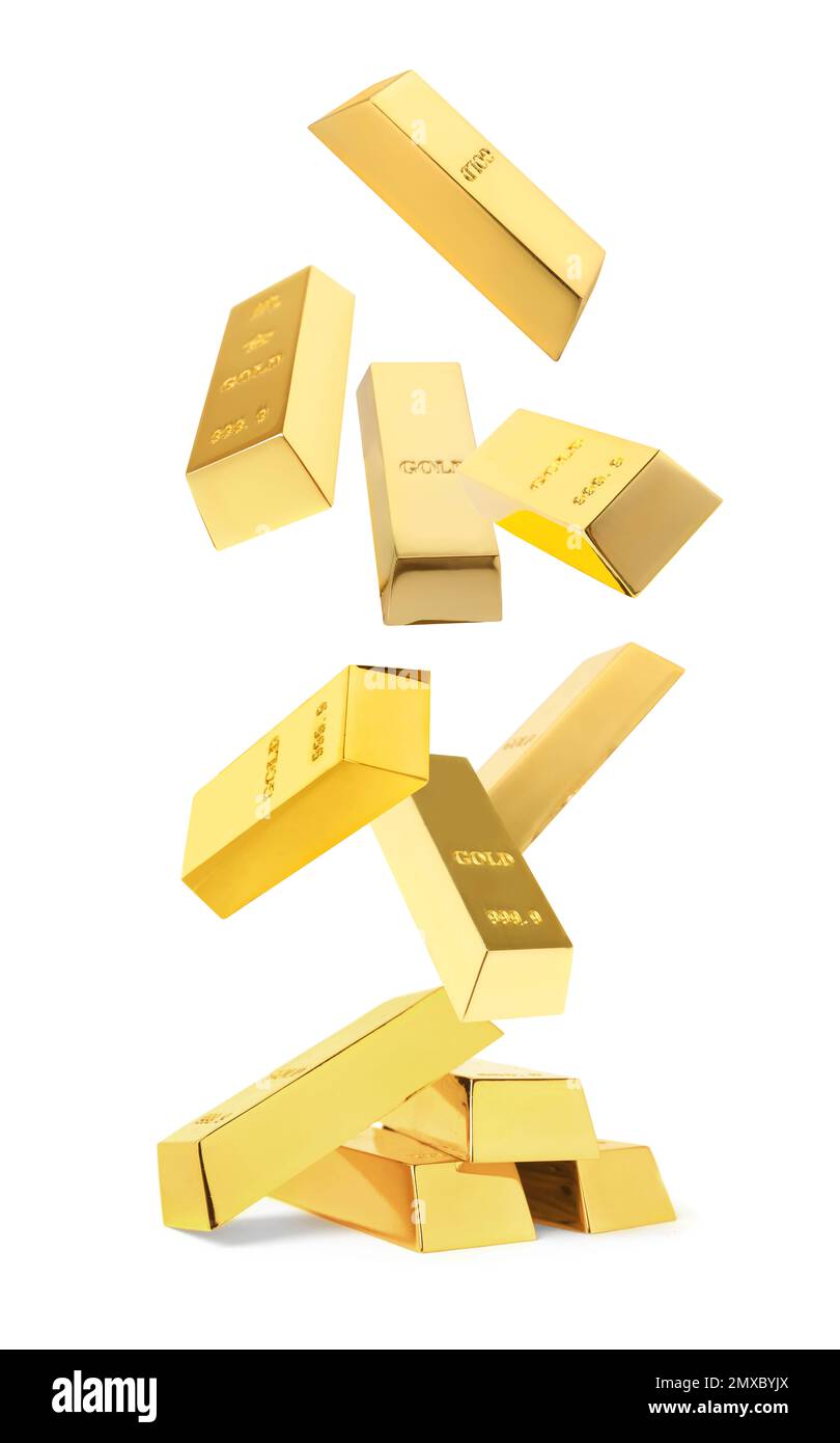 Shiny gold bars falling onto heap on white background Stock Photo Alamy