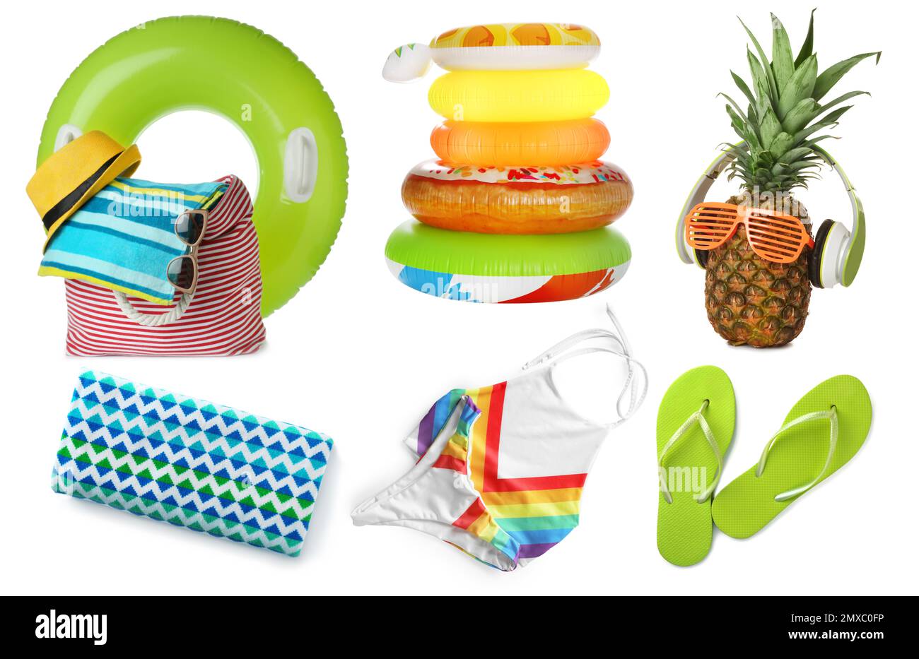 Set of different stylish beach objects on white background Stock Photo