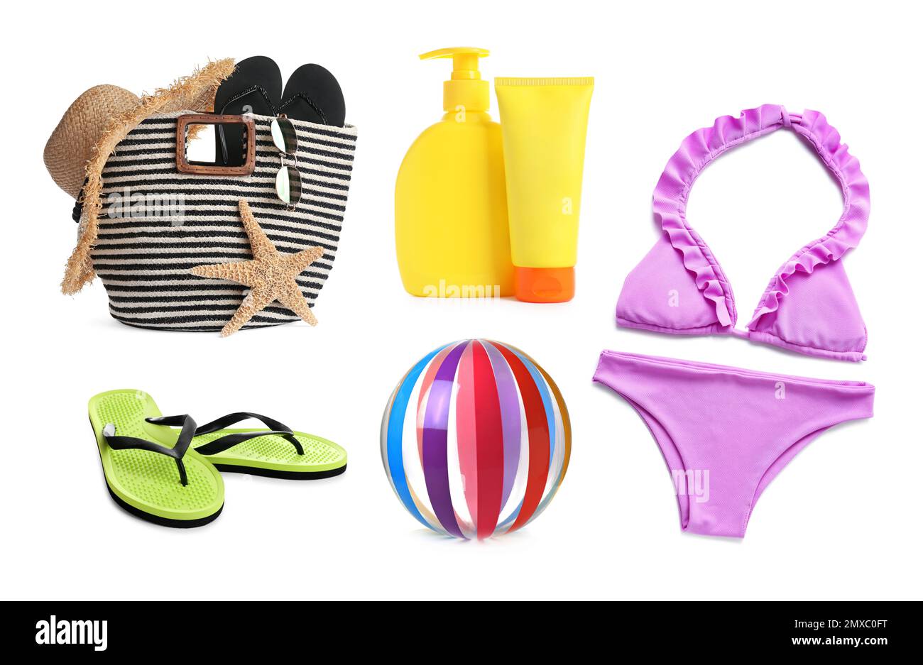 Set of different stylish beach objects on white background Stock Photo