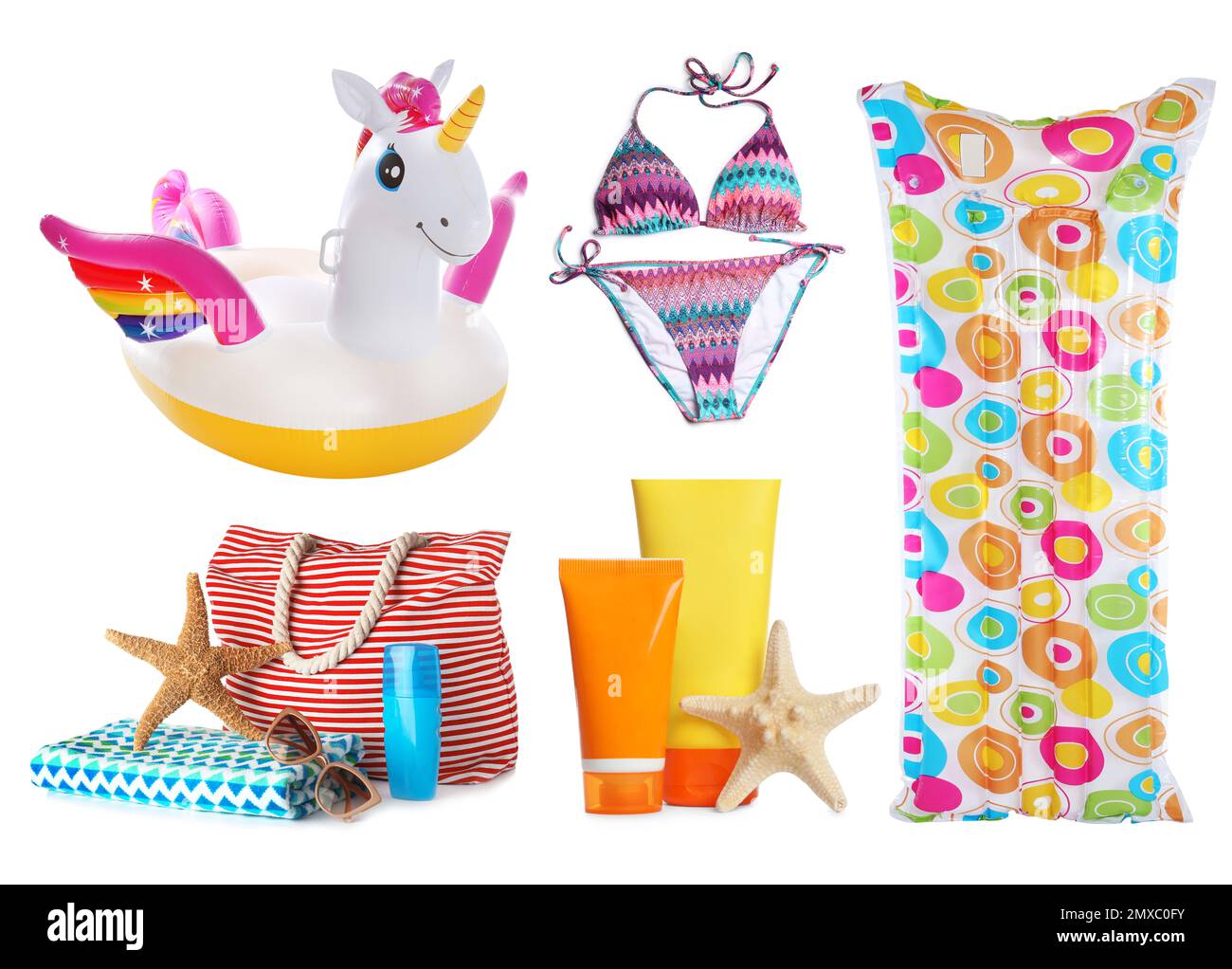 Set of different stylish beach objects on white background Stock Photo