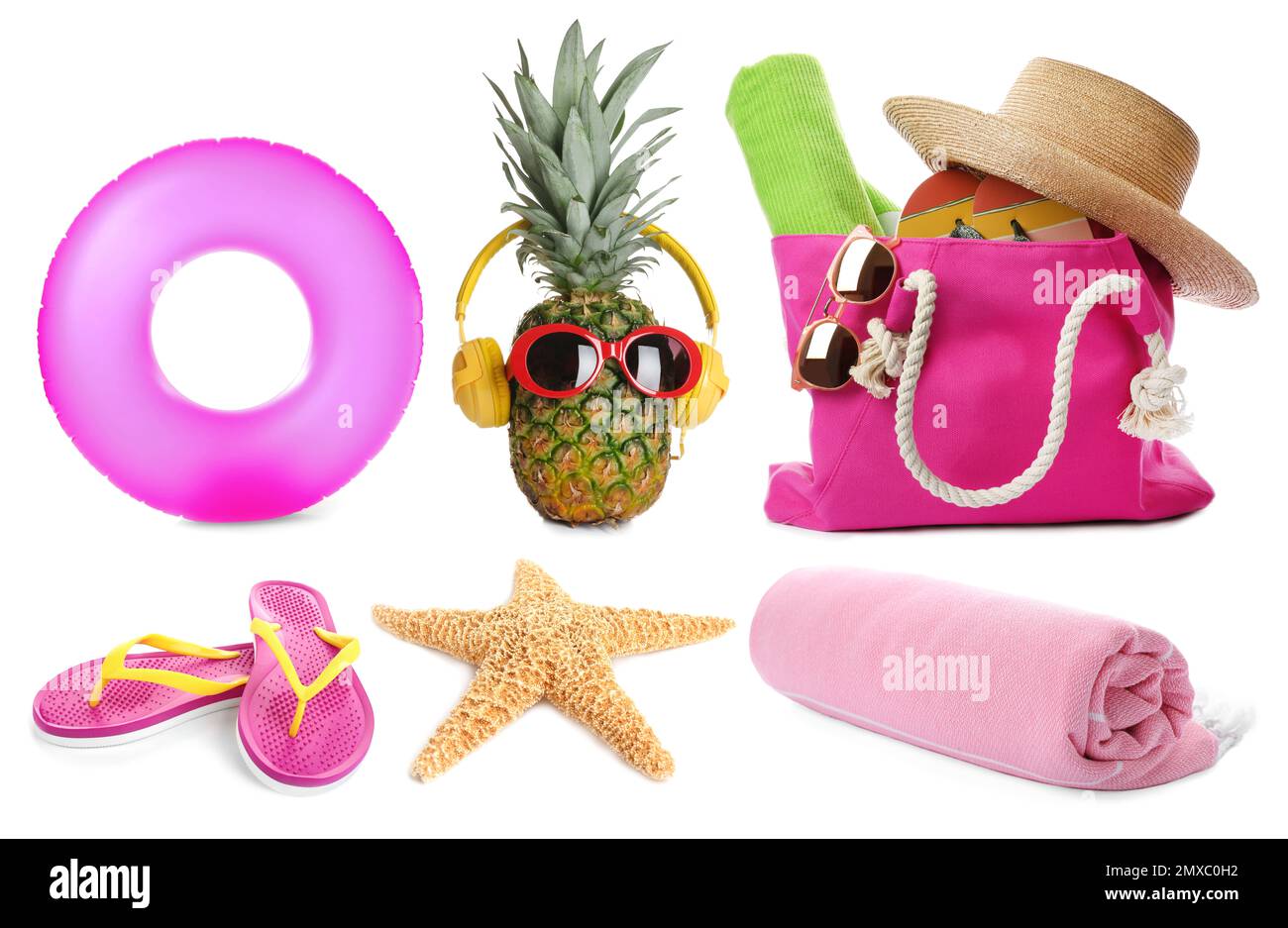 Set of different stylish beach objects on white background Stock Photo