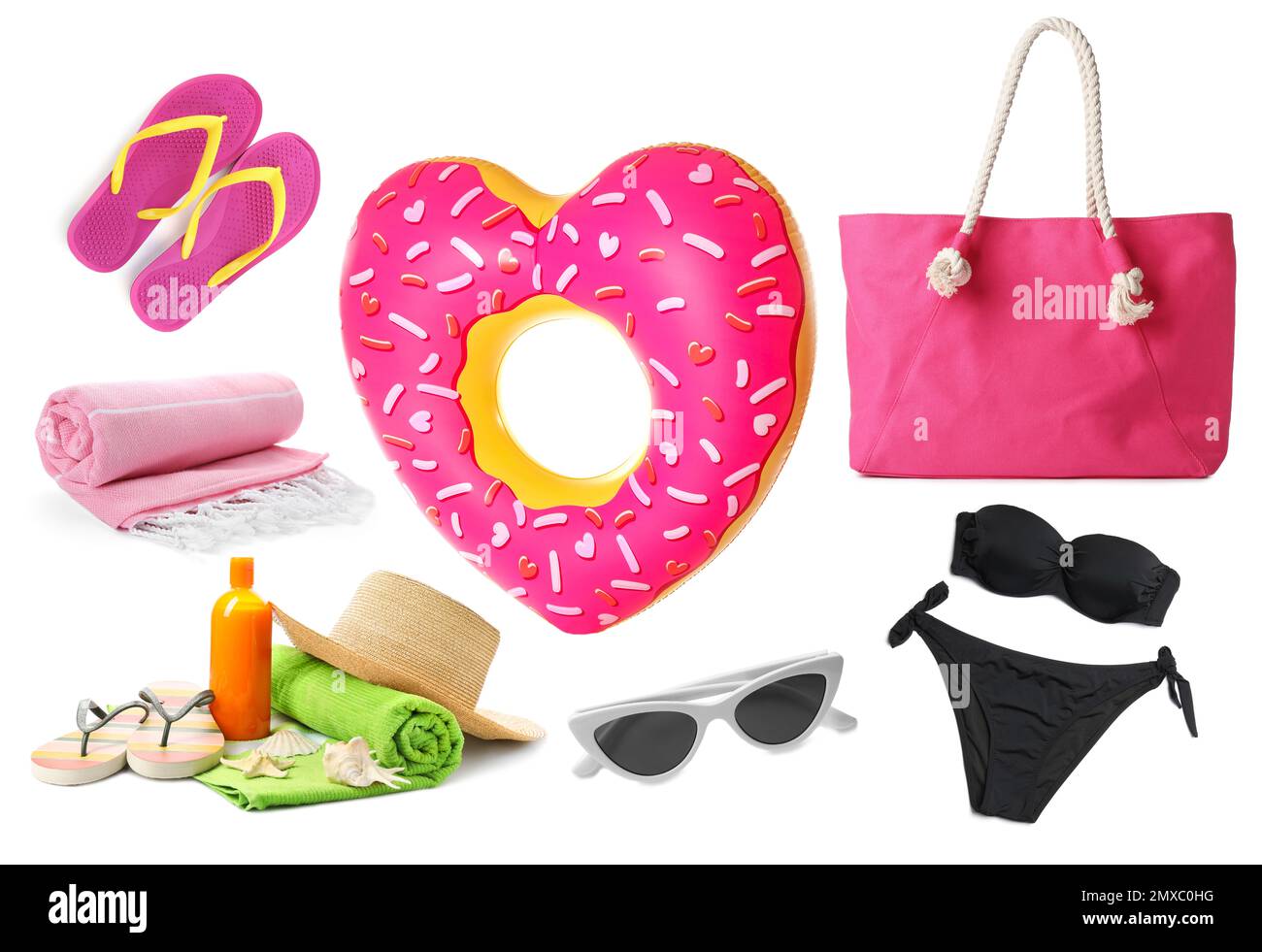Set of different stylish beach objects on white background Stock Photo