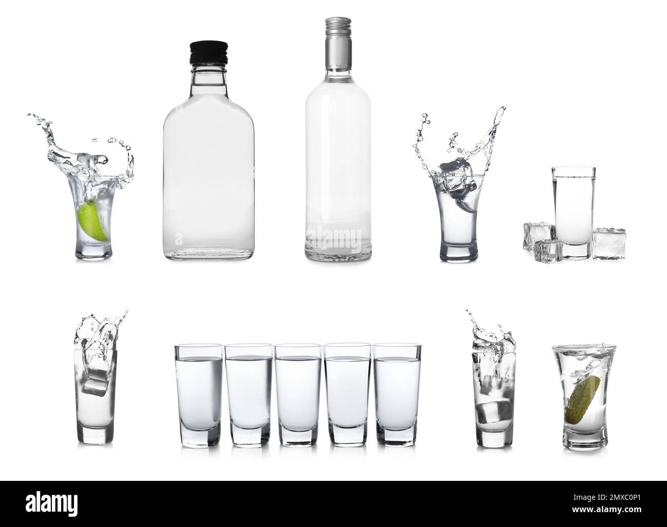 Set with bottles and shots of vodka on white background Stock Photo Alamy