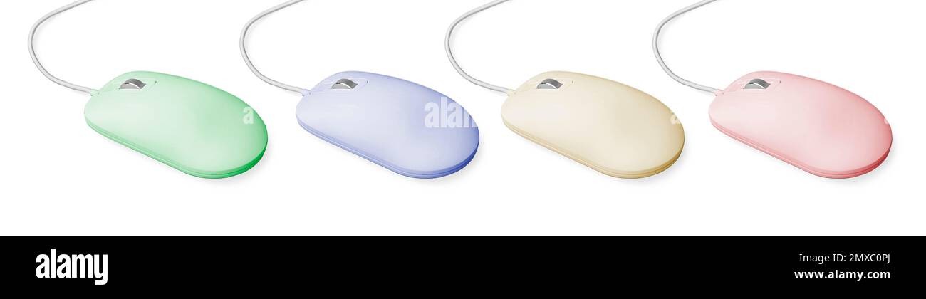 Modern computer mouse on white background, different color variants. Banner design Stock Photo