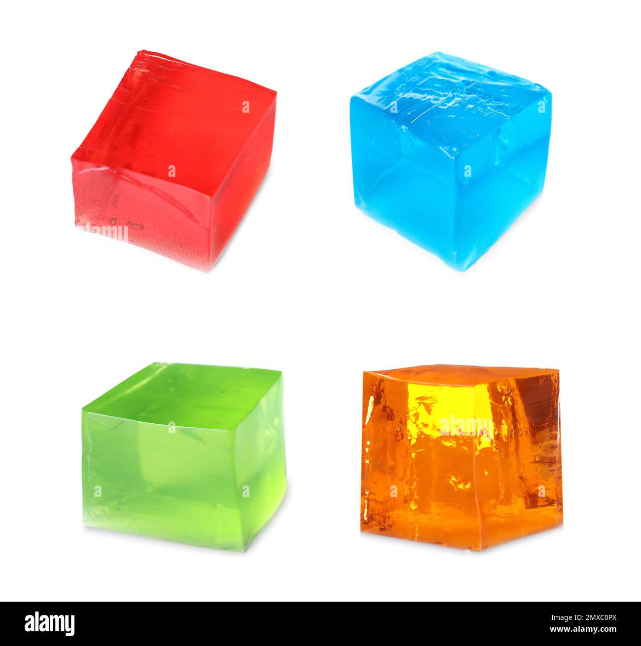 Set of different delicious jelly cubes on white background Stock Photo Alamy