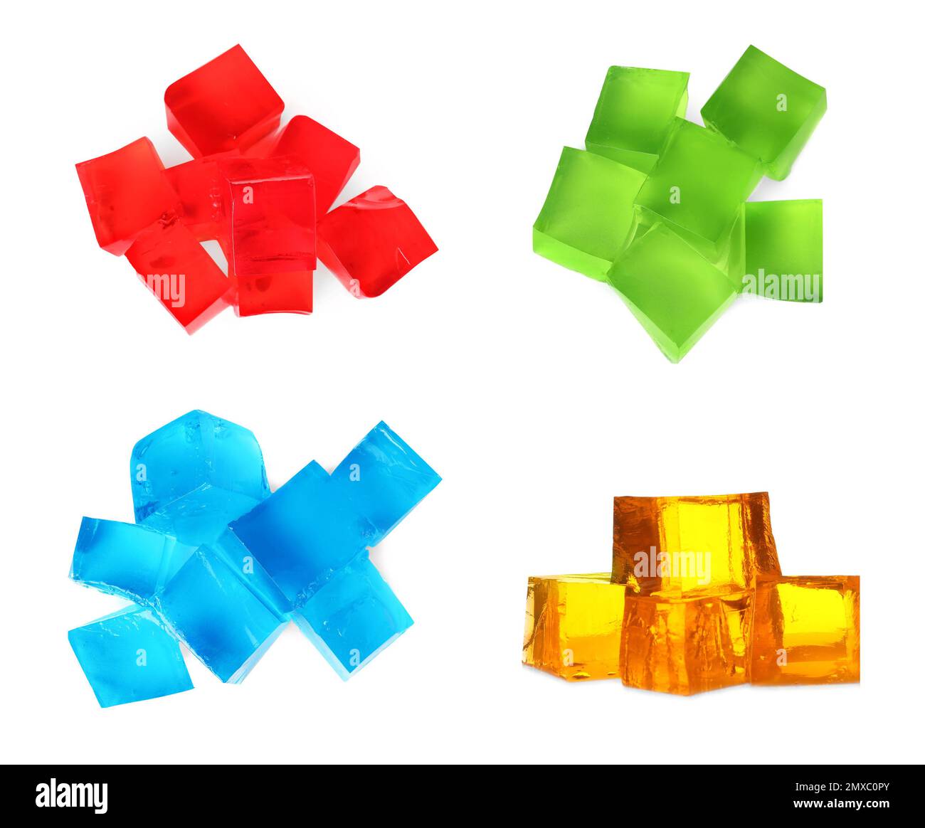 Set of different delicious jelly cubes on white background Stock Photo