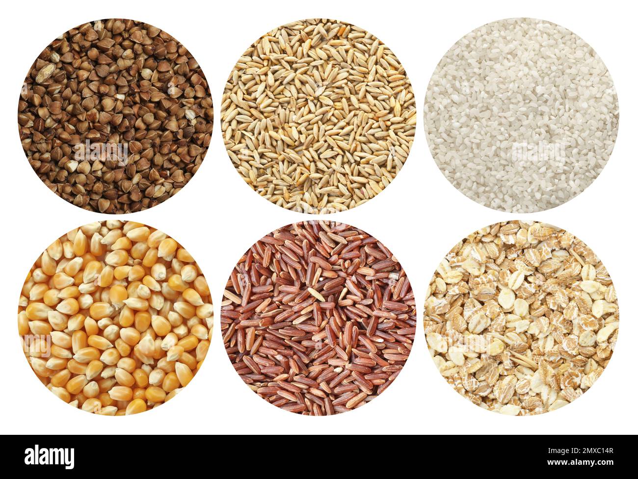 Collection of different grains and cereals on white background Stock