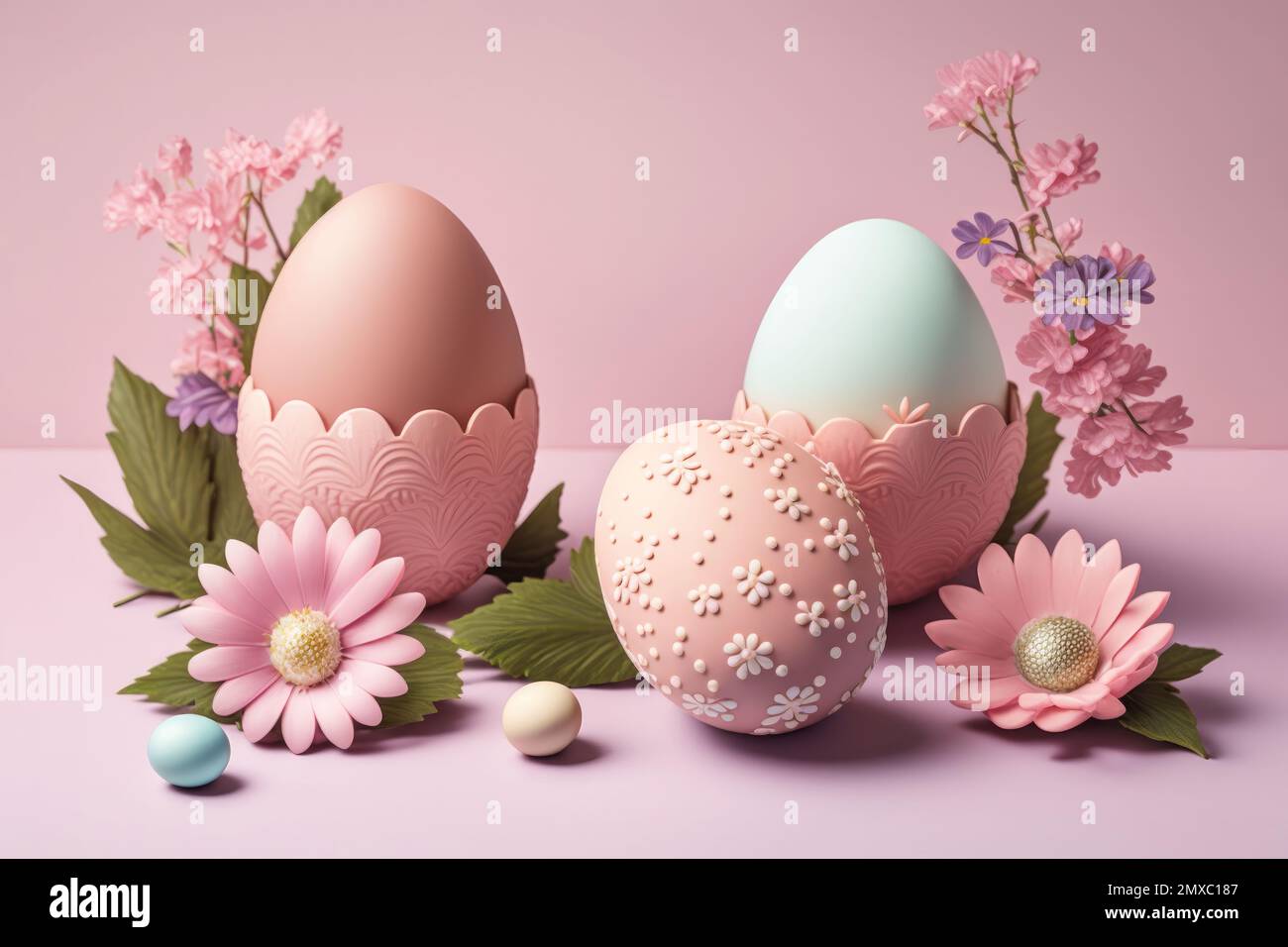 This sleek and modern Easter background is all about simplicity and sophistication. Against a clean white background, a minimal arrangement of fresh b Stock Photo