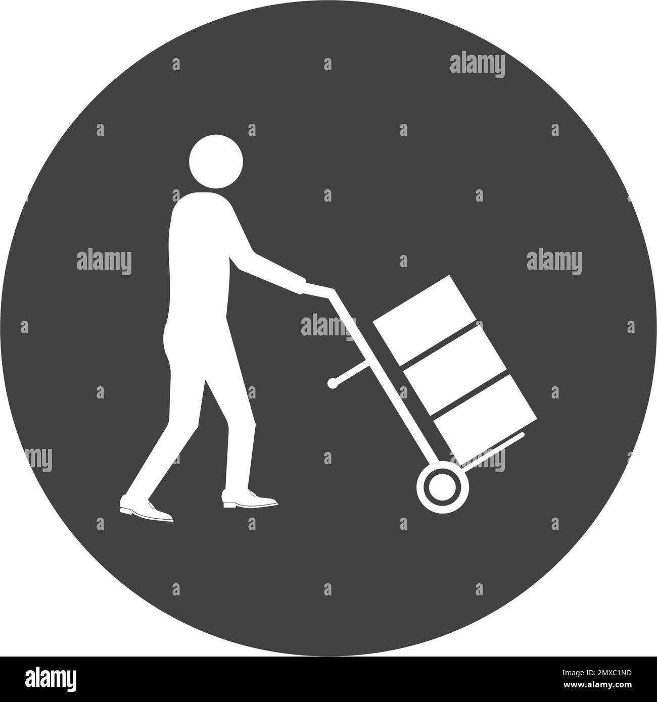 Mover pushing moving hand truck or dolly with boxes flat vector icon. Stock Vector