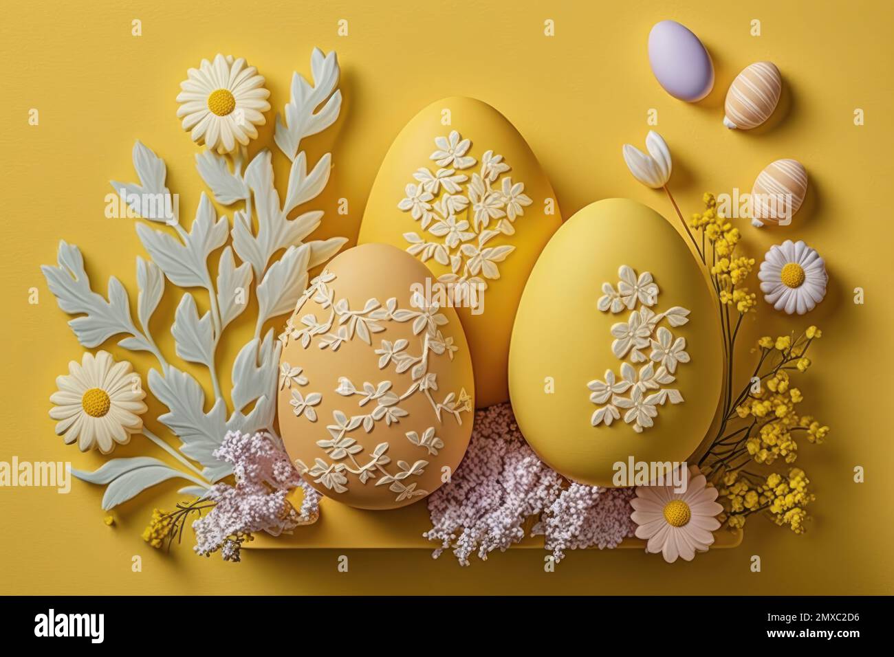 This sleek and modern Easter background is all about simplicity and sophistication. Against a clean white background, a minimal arrangement of fresh b Stock Photo
